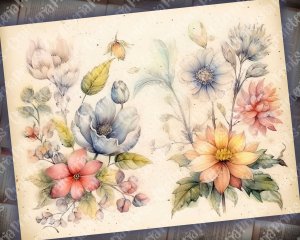 Watercolor Vintage Flowers Digital Clipart Set for Scrapbooking, Invitations, and Designs - Basic Vintage Floral Illustrations