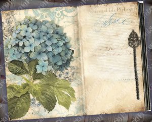 Beautiful Watercolor Vintage Junk Journal Single Page with Black Hydrangea Flowers | Printable Template Paper for Invitations