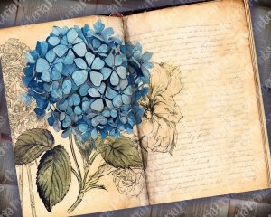 Beautiful Watercolor Vintage Junk Journal Single Page with Black Hydrangea Flowers | Printable Template Paper for Invitations