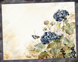 Beautiful Watercolor Vintage Junk Journal Single Page with Black Hydrangea Flowers | Printable Template Paper for Invitations