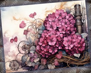 Beautiful Watercolor Vintage Junk Journal Single Page with Black Hydrangea Flowers | Printable Template Paper for Invitations