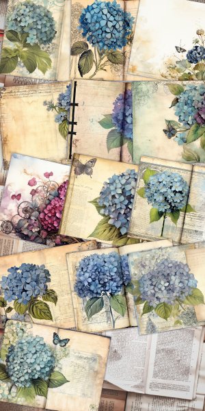 Beautiful Watercolor Vintage Junk Journal Single Page with Black Hydrangea Flowers | Printable Template Paper for Invitations