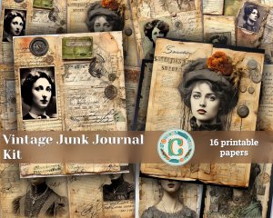 16 Papers | Vintage-Style Junk Journal Kit, Printable Shabby Chic Pages with Botanical Rose Illustrations, Classic Postcard Design