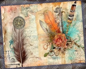 Printable Vintage Watercolor Junk Journal Page with Feathers | Intricate Details | Boho Aesthetic | Soft Color Palette | Digital Planner