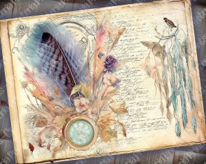 Printable Vintage Watercolor Junk Journal Page with Feathers | Intricate Details | Boho Aesthetic | Soft Color Palette | Digital Planner