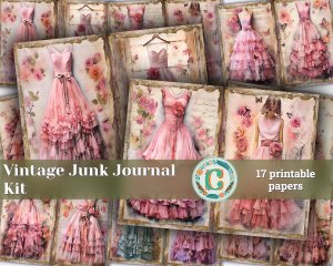 17 Papers | Vintage Dress Watercolor Junk Journal Kit, Hannah Dale Inspired Shabby Chic Ephemera, Pastel Tones Printable Scrapbooking Paper