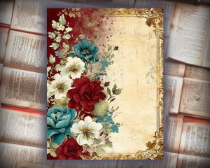 16 Papers | Vintage Shabby Chic Junk Journal Kit, Printable Burgundy Gold Peach Blue Scrapbooking Paper, Distressed Floral Ephemera