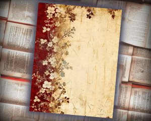 16 Papers | Vintage Shabby Chic Junk Journal Kit, Printable Burgundy Gold Peach Blue Scrapbooking Paper, Distressed Floral Ephemera