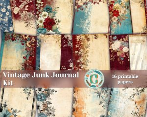 16 Papers | Vintage Shabby Chic Junk Journal Kit, Printable Burgundy Gold Peach Blue Scrapbooking Paper, Distressed Floral Ephemera