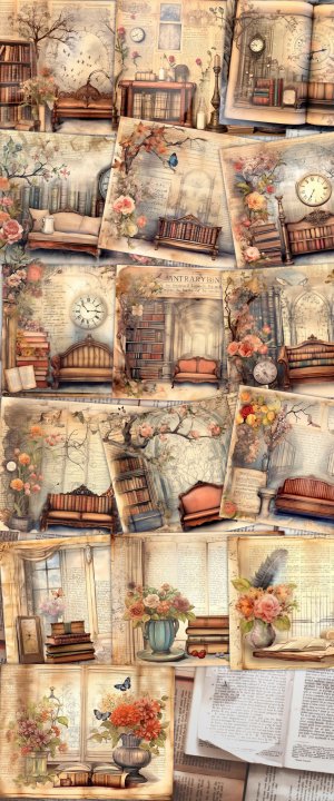 Vintage Library Junk Journal Page Center, Vintage Books Paper, Watercolor Clipart, Borderless, Perfect for Invitations, Digital Planners