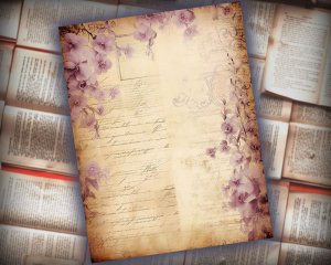 15 papers | Vintage Lilac and Bronze Scrapbooking Kit, Shabby Chic Printable Pages with Botanical Orchid Designs, Junk Journaling Paper Set