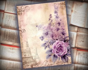 15 papers | Vintage Lilac and Bronze Scrapbooking Kit, Shabby Chic Printable Pages with Botanical Orchid Designs, Junk Journaling Paper Set