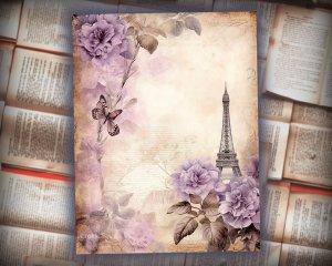 15 papers | Vintage Lilac and Bronze Scrapbooking Kit, Shabby Chic Printable Pages with Botanical Orchid Designs, Junk Journaling Paper Set