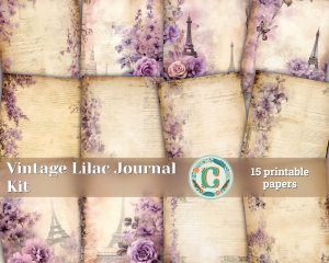 15 papers | Vintage Lilac and Bronze Scrapbooking Kit, Shabby Chic Printable Pages with Botanical Orchid Designs, Junk Journaling Paper Set