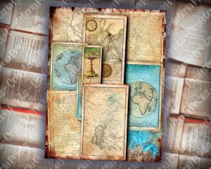 16 papers | Vintage Map Junk Journal Pages, Printable Antique World Maps, Digital Scrapbook Kit, Old Aged Distressed Paper, Grunge Download