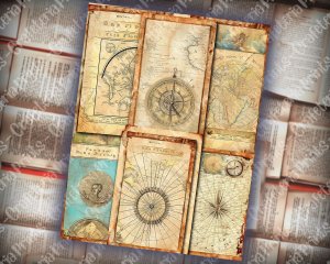 16 papers | Vintage Map Junk Journal Pages, Printable Antique World Maps, Digital Scrapbook Kit, Old Aged Distressed Paper, Grunge Download