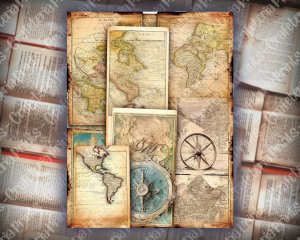 16 papers | Vintage Map Junk Journal Pages, Printable Antique World Maps, Digital Scrapbook Kit, Old Aged Distressed Paper, Grunge Download