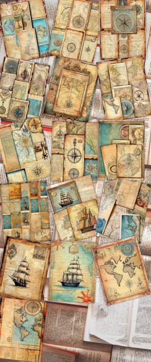 16 papers | Vintage Map Junk Journal Pages, Printable Antique World Maps, Digital Scrapbook Kit, Old Aged Distressed Paper, Grunge Download