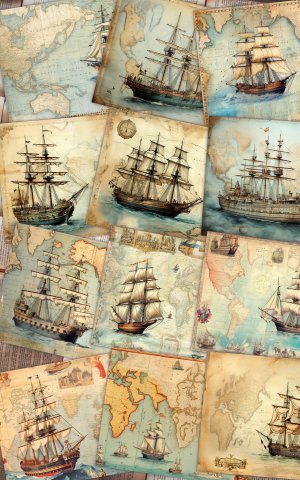 12 papers | Vintage Retro World Map with Ships and Illustrations | Scrapbooking Paper Background | Shabby Chic Ephemera | Digital Planners