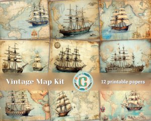 12 papers | Vintage Retro World Map with Ships and Illustrations | Scrapbooking Paper Background | Shabby Chic Ephemera | Digital Planners