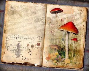 16 papers | Vintage Mushroom Scrapbooking Paper Kit | Watercolor Style with Old Photographs | Tim Holtz Inspired | Perfect for Junk Journals