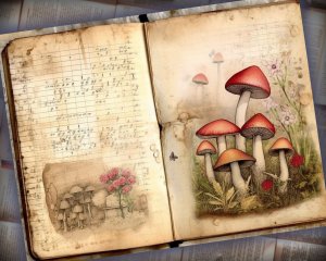 16 papers | Vintage Mushroom Scrapbooking Paper Kit | Watercolor Style with Old Photographs | Tim Holtz Inspired | Perfect for Junk Journals