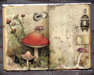 16 papers | Vintage Mushroom Scrapbooking Paper Kit | Watercolor Style with Old Photographs | Tim Holtz Inspired | Perfect for Junk Journals