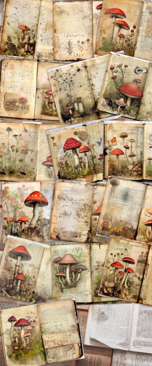 16 papers | Vintage Mushroom Scrapbooking Paper Kit | Watercolor Style with Old Photographs | Tim Holtz Inspired | Perfect for Junk Journals