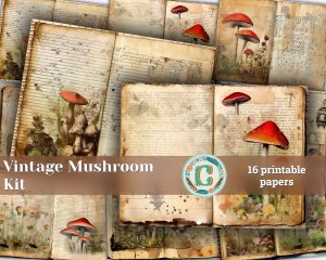 16 papers | Vintage Mushroom Scrapbooking Paper Kit | Watercolor Style with Old Photographs | Tim Holtz Inspired | Perfect for Junk Journals