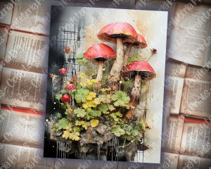 Watercolor Journal Background Paper with Old Photographs, Mushrooms, and Toadstools - Tim Holtz Style, Perfect for Invitations