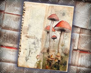 Watercolor Journal Background Paper with Old Photographs, Mushrooms, and Toadstools - Tim Holtz Style, Perfect for Invitations