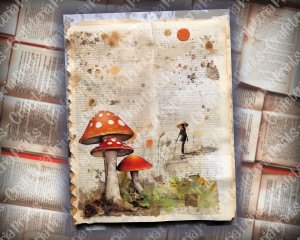 Watercolor Journal Background Paper with Old Photographs, Mushrooms, and Toadstools - Tim Holtz Style, Perfect for Invitations