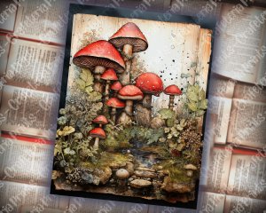 Watercolor Journal Background Paper with Old Photographs, Mushrooms, and Toadstools - Tim Holtz Style, Perfect for Invitations