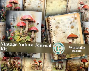 Watercolor Journal Background Paper with Old Photographs, Mushrooms, and Toadstools - Tim Holtz Style, Perfect for Invitations