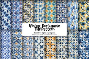 Digital Pattern Paper with Seamless Texture, Vintage Portuguese Tile Design, Flat Illustration Style, Alcohol Ink and Watercolor