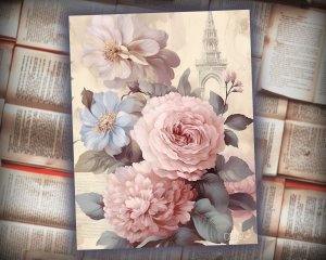 17 Papers | Vintage Rose Ephemera Scrapbooking Kit, Pastel Printable Papers for Junk Journal, Shabby Chic Victorian Love Letter Design