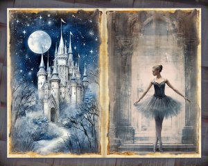 25 Papers | Vintage Nostalgiacore Fairy Tale Crown Scrapbooking Kit, Light Gold Elements, Romantic Scenery Junk Journal Printable Pages