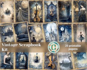 25 Papers | Vintage Nostalgiacore Fairy Tale Crown Scrapbooking Kit, Light Gold Elements, Romantic Scenery Junk Journal Printable Pages