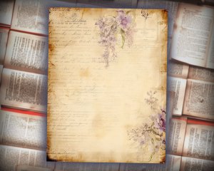 16 papers | Vintage Parchment Lilac Bronze Scrapbooking Papers, Delicate Purple Orchid Blooms Design, Shabby Chic Botanical Ephemera