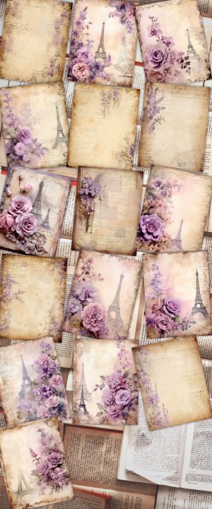 16 papers | Vintage Parchment Lilac Bronze Scrapbooking Papers, Delicate Purple Orchid Blooms Design, Shabby Chic Botanical Ephemera