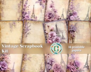 16 papers | Vintage Parchment Lilac Bronze Scrapbooking Papers, Delicate Purple Orchid Blooms Design, Shabby Chic Botanical Ephemera