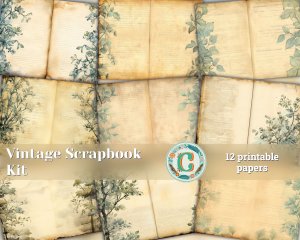 12 Papers | Vintage Scrapbooking Paper Pack | Light Blue & Green Tones | Watercolor Style Background | Shabby Chic Junk Journal Kit