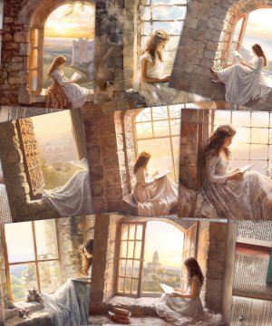 8 papers | Vintage Rustic Charm Scrapbooking Kit with Old-Brown and Grey Illustrations, Girl in White Lace Dress, Rural Castle Wall