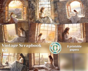 8 papers | Vintage Rustic Charm Scrapbooking Kit with Old-Brown and Grey Illustrations, Girl in White Lace Dress, Rural Castle Wall