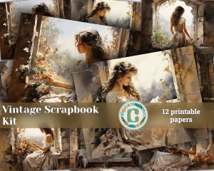 12 papers | Vintage Scrapbooking Kit | Old-Brown & Grey Illustration | Girl in Lace Dress | Aquarelle Pastel Hand Drawn | Invitations