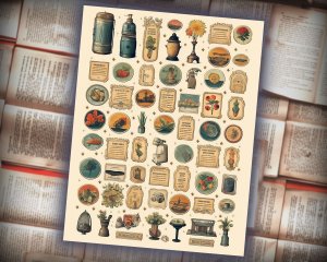 12 papers | Vintage Inspired Handbook Stickers Scrapbooking Kit, Detailed Shabby Chic Junk Journal Printable Papers, Journaling Ephemera