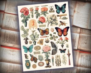 12 papers | Vintage Inspired Handbook Stickers Scrapbooking Kit, Detailed Shabby Chic Junk Journal Printable Papers, Journaling Ephemera