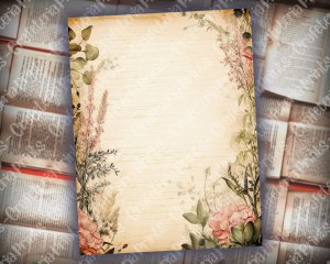 12 papers | Vintage Pink and Green Scrapbooking Kit with Watercolor Background and Vintage Brown Edges | Perfect for Junk Journals