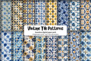 Digital Pattern Paper with Seamless Texture - Vintage Portuguese Tile Clipart, Flat Illustration Style, Alcohol Ink and Watercolor Effect