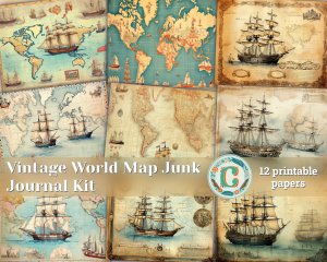 12 papers | Vintage Retro World Map Scrapbooking Papers | Shabby Chic Ephemera and Intricate Illustrations | Perfect for Junk Journals